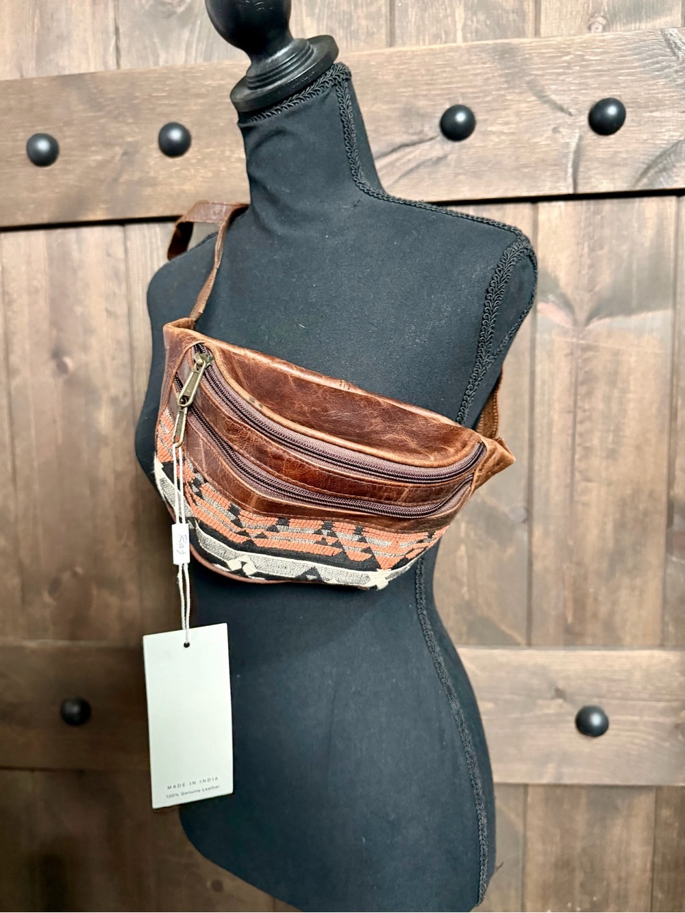 NWT Raj Brown Leather Crossbody/Belt Bag with Woven Accent